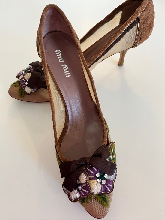 Miu Miu Shoes - Miu Miu Brown Suede and Mesh Embellished Floral Pumps Size 5 1/2